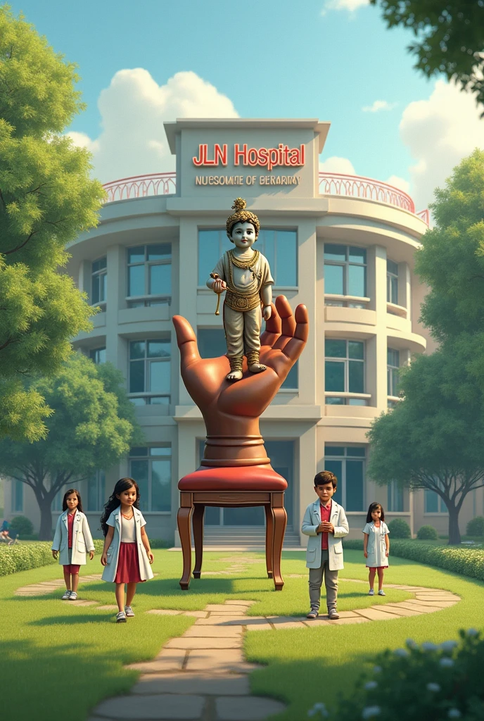 A hospital named JLN Hospital with a chair on the front lawn. A chair hand is holding a statue of Shree Krishna. Four boys and two girls are dressed as doctor 