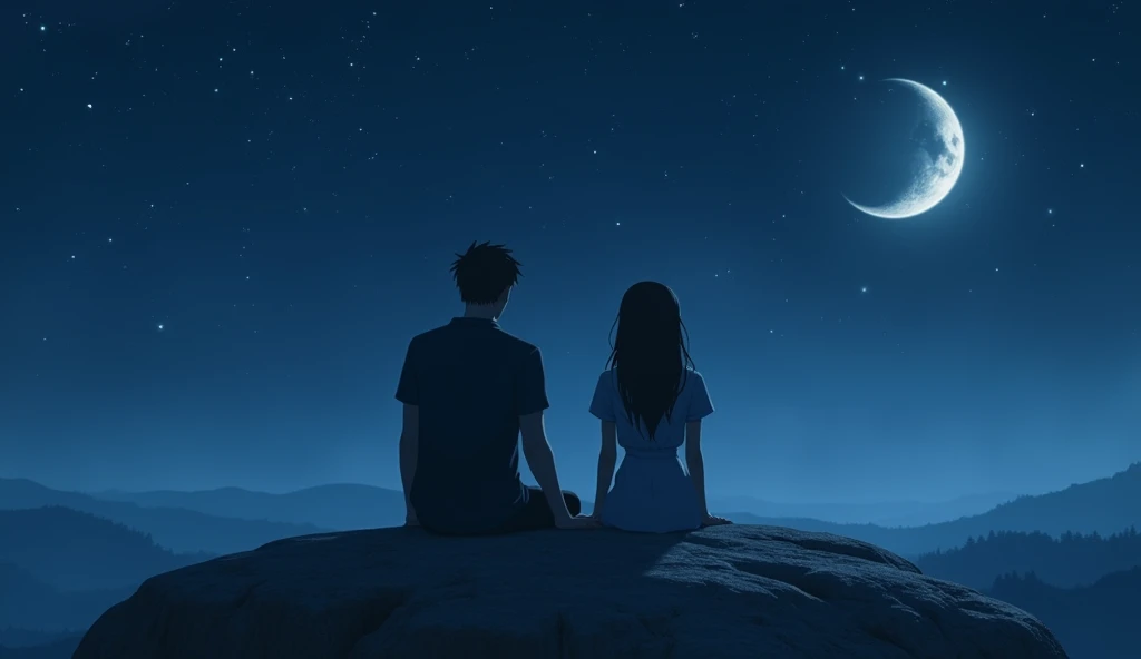 An animation,The picture shows a man and a girl sitting on a rock,Looking at the crescent moon and stars,But their faces were not shown.。
