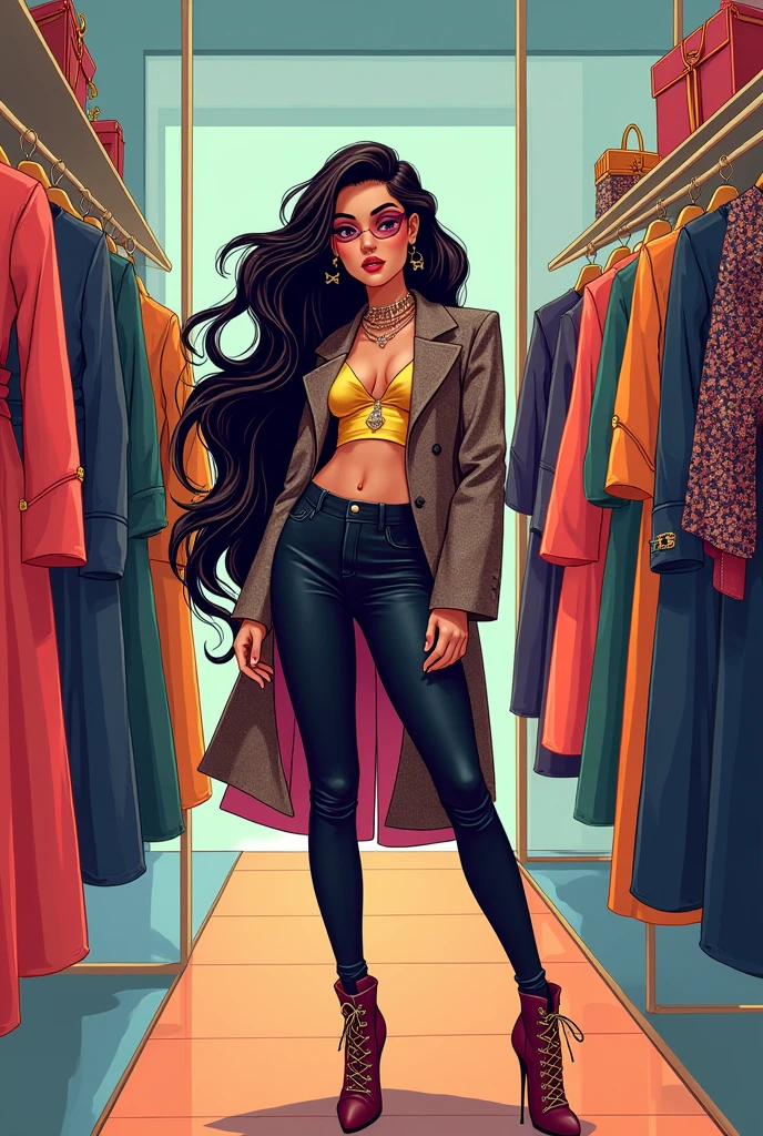 Long haired woman in flashy and stylish clothes in cartoon style posing facing front inside a boutique with flashy clothes and accessories