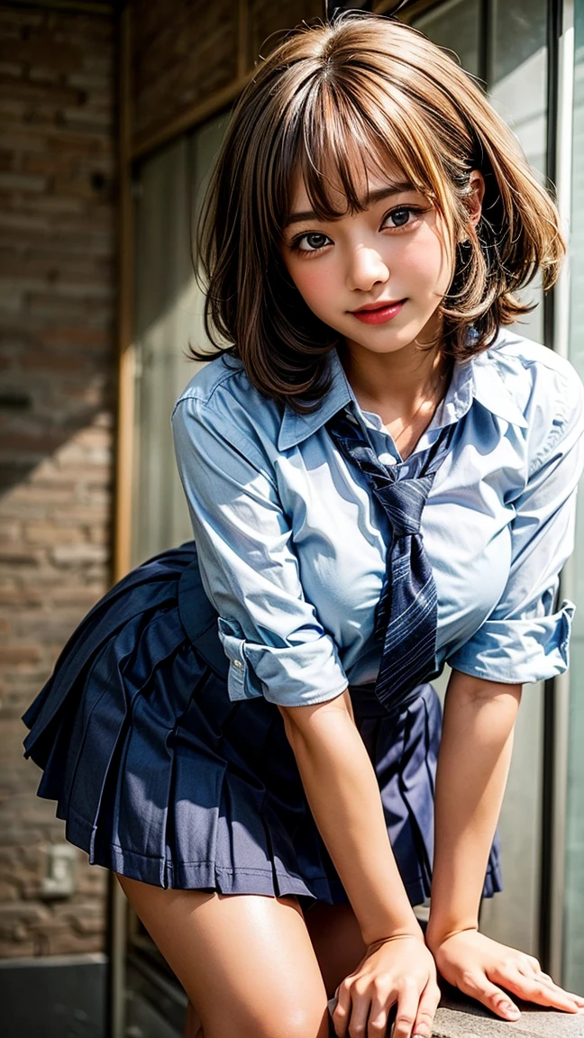 Browsing Caution, ((masterpiece)), ((Highest quality)), (Very detailedな), ((cute)), cute, (Multi-point), ((sexy)), (device), ((Very detailed)), 4K, (8k), Highest quality, (beautiful), hyper cute face, shape, Anime Style,hyper Genuineistic, Genuine, Dynamic Angle, ((whole body)), close, Thick outline, Clear contours, at school, (Three Girls, 3 cute girls:1.5), (Schoolgirl Uniform :1.5), beautiful light brown hair, beautiful brown eyes, ((beautiful eyes)), (Leaning forward:1.5), (Under the skirt:1.5), short hair, Big Breasts, smile
