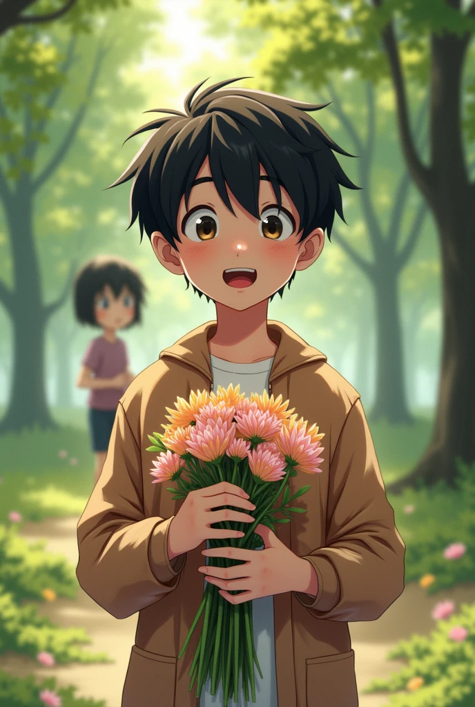 Teenage boy with cheerful expression of black hair with flowers in his hand in front of a short black haired girl with a cold expression in the background of a park
