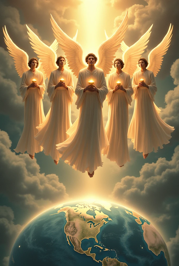 7 male angels with golden cups in their hands and the earth beneath them