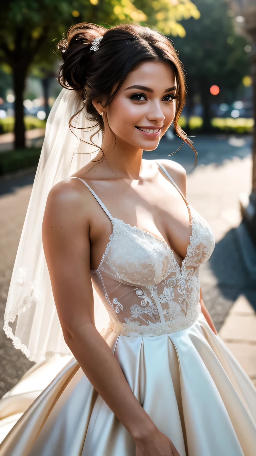Realistic full body photo of a smiling brunette woman with hair up, She dances in front of the camera in a long A-line wedding dress with straps made of shiny satin., Park,glamour fotoshooting, Wedding celebration, perfect anatomy, perfect brown eyes. Perfect hands with 5 fingers on each hand, Matching girl, looking at the camera, 1 Frau. (Eye make up:1.1), (highly detailed skin:1.1), spirit, analog style, keen focus, 8K UHD, dslr, good quality, Fujifilm XT3, Grain, Award-winning, masterpiece. Wedding celebration