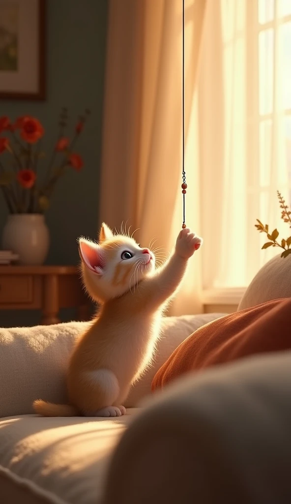 "A fluffy kitten perched on the edge of a sofa, reaching out to grab a dangling string from a nearby curtain. The room is cozy with soft lighting and warm tones."