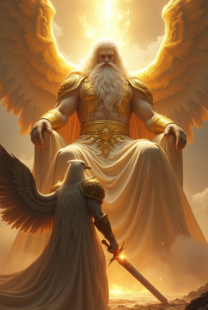 Make an angel with eagle face with gold armor and holy sword, looking up on a beautiful super vast and gigantic God with firery eye, white long hair, white beard, Gold and white rob, seated on His thrown with firery light around him and his thrown, UHD masterpiece, realistic, 32K, 5D, Style Raw.