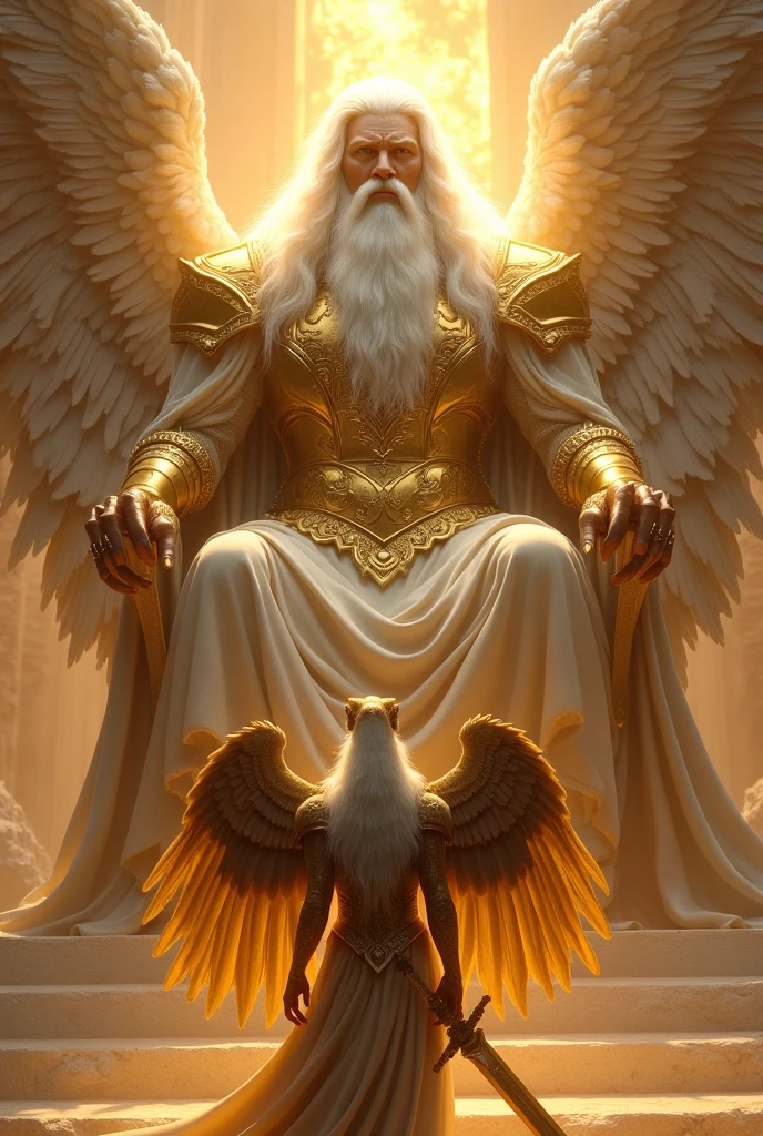 Make an angel with eagle face with gold armor and holy sword, looking up on a beautiful super vast and gigantic God with firery eye, white long hair, white beard, Gold and white rob, seated on His thrown with firery light around him and his thrown, UHD masterpiece, realistic, 32K, 5D, Style Raw.