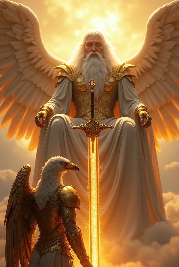 Make an angel with eagle face with gold armor and holy sword, looking up on a beautiful super vast and gigantic God with firery eye, white long hair, white beard, Gold and white rob, seated on His thrown with firery light around him and his thrown, UHD masterpiece, realistic, 32K, 5D, Style Raw.
