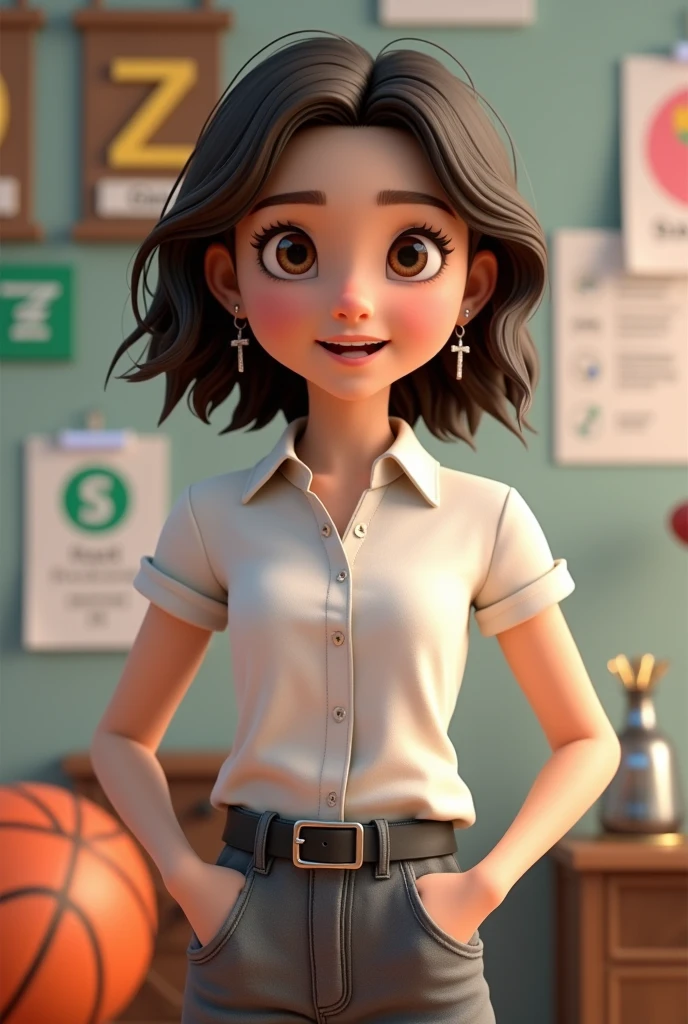 teenager, with dark brown hair, dark brown eyes, wavy hair somewhat curly, Shoulder-length hair cut in layers, parted almost in the middle but not completely in the middle, somewhat disheveled, without bangs but with strands around the face, not so skinny, White skin, 1.65cm tall, not so skinny pero tampoco gorda, somewhat round face, small nose and mouth, eyes not a little Chinese but big. Include in the background something related to excel the logo, basketball, programming, test tubes or a periodic table of chemistry, and win medals or competitions. cheered up. CLOTHES: grey formal dress pants, button down dress blouse, black belt, Small hoop earrings with a silver-plated hanging cross and silver-plated rings. that looks young, study high school. not anime style. Make it animated something 3D. Strike a more casual pose. Keep what I asked for in the background. Smile without showing teeth. not so thin. More disheveled, a more adolescent air. Eyes not so far apart, a little more disheveled.