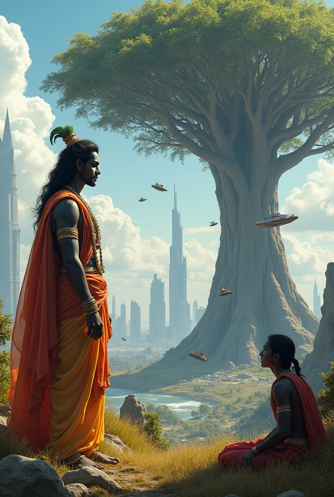 (photorealism:1.2), Lord Krishna Kalki preaching Geeta to Bhairava in 2898 AD with modern equipment flying all around from the ground to the sky.big building construction And big tree, perfect face