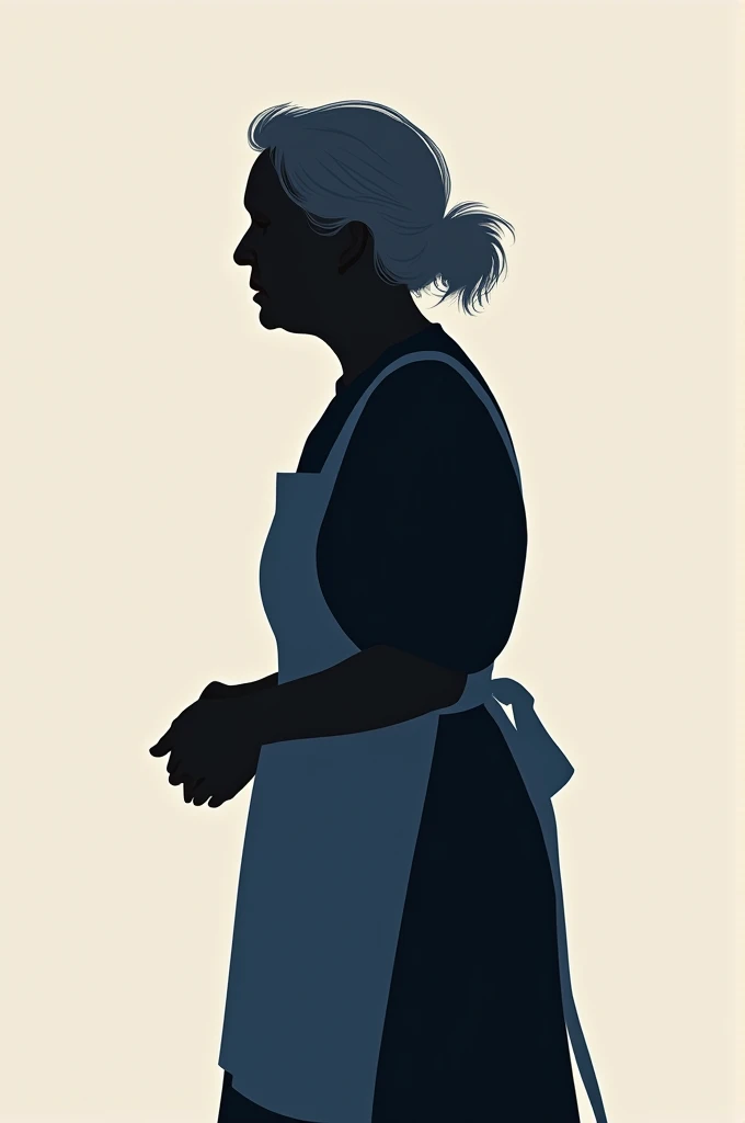 Silhouette of a lady with white hair and a blue apron