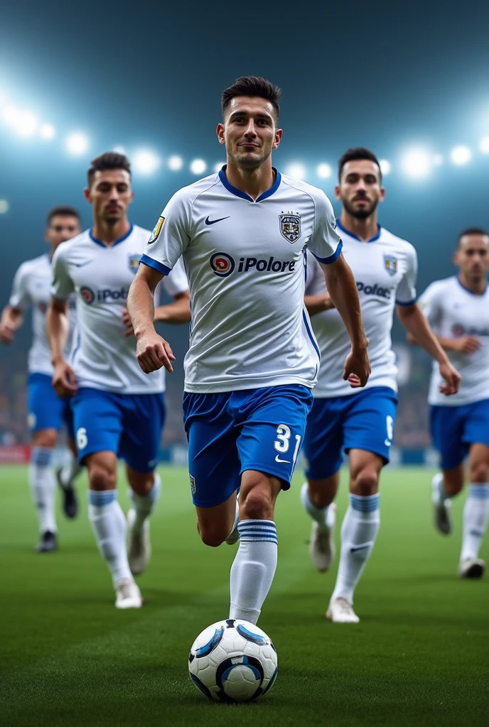 Uniforms of a white and blue soccer team with master sponsor Esporte da Sorte