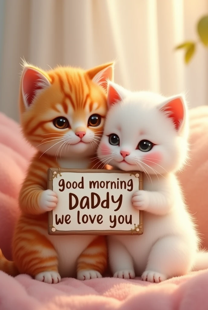 a fluffy orange cat and a white cat hugging and holding a sign that says "good morning daddy, we love you", (best quality,4k,8k,highres,masterpiece:1.2),ultra-detailed,(realistic,photorealistic,photo-realistic:1.37),extremely detailed eyes and face,longeyelashes,beautiful detailed eyes,beautiful detailed lips,cute cat expressions,adorable cats,heartwarming scene,pastel colors,soft lighting,warm tones,cozy atmosphere