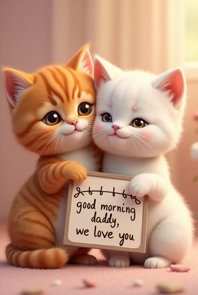 a fluffy orange cat and a white cat hugging and holding a sign that says "good morning daddy, we love you", (best quality,4k,8k,highres,masterpiece:1.2),ultra-detailed,(realistic,photorealistic,photo-realistic:1.37),extremely detailed eyes and face,longeyelashes,beautiful detailed eyes,beautiful detailed lips,cute cat expressions,adorable cats,heartwarming scene,pastel colors,soft lighting,warm tones,cozy atmosphere