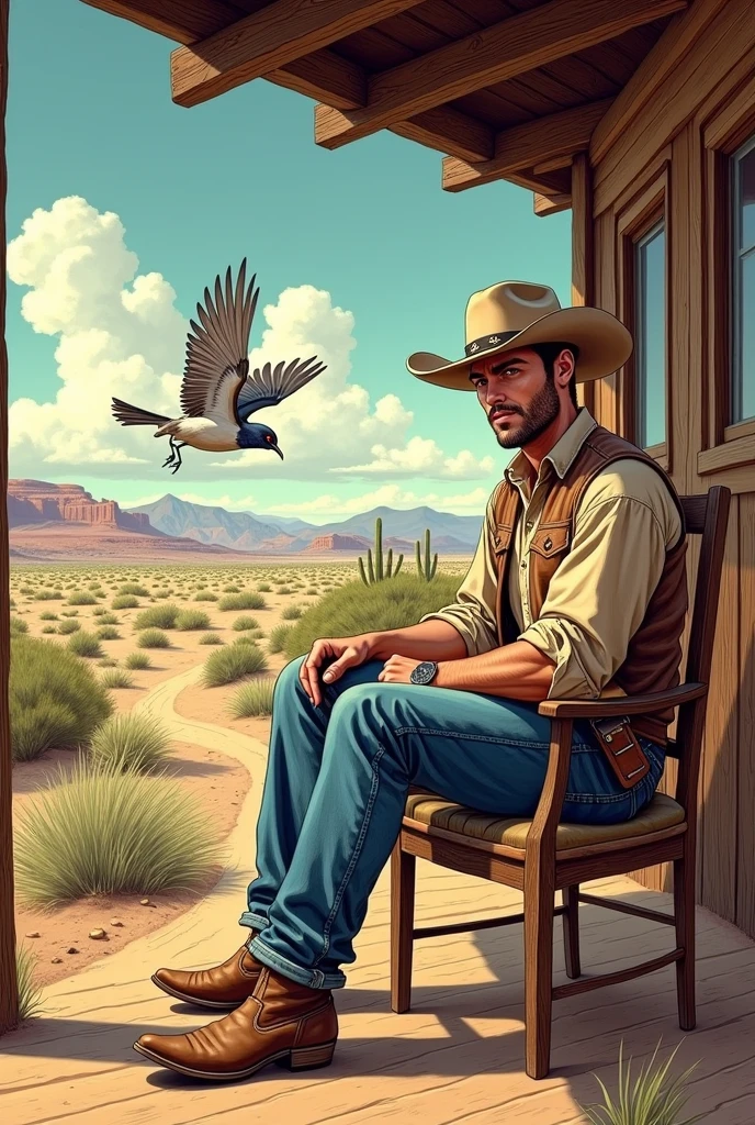 Hyperrealistic color comic 1950s a young cowboy sits on the ranch porch in the desert a lark flies around him