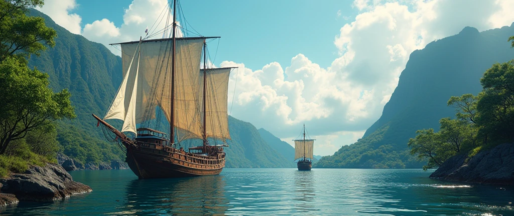 Ancient Ternate island, Maluku, Indonesia, Corcora ships, hyper realistic, masterpiece, best quality, ultra-detailed, UHD, 64K