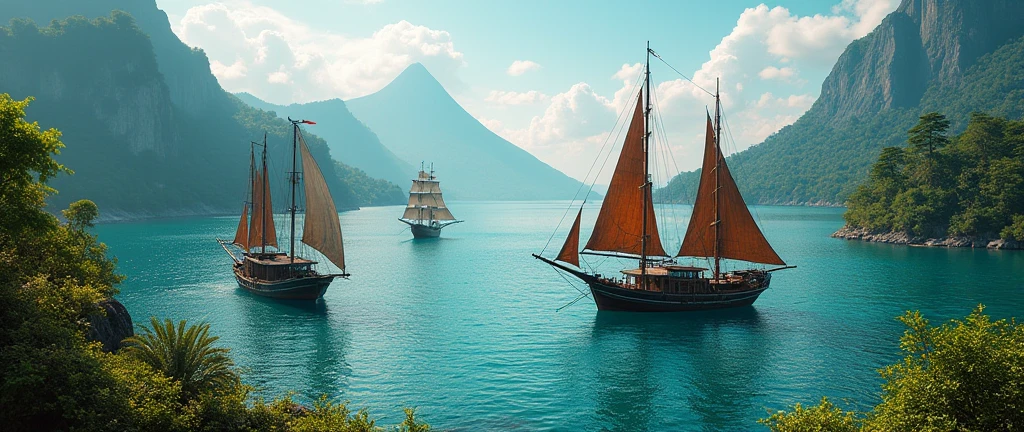 Ancient Ternate island, Maluku, Indonesia, Corcora ships, hyper realistic, masterpiece, best quality, ultra-detailed, UHD, 64K