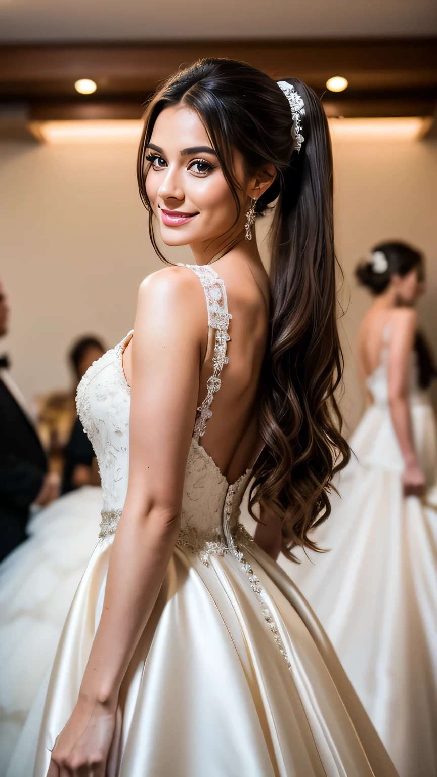 Realistic full body photo of a smiling brunette woman with long hair, ponytail hairstyle, She dances in front of the camera in a long A-line wedding dress with straps made of shiny satin., Park,glamour fotoshooting, Wedding celebration, perfect anatomy, perfect brown eyes. Perfect hands with 5 fingers on each hand, Matching girl, looking at the camera, 1 Frau. (Eye make up:1.1), (highly detailed skin:1.1), spirit, analog style, keen focus, 8K UHD, dslr, good quality, Fujifilm XT3, Grain, Award-winning, masterpiece. Wedding celebration