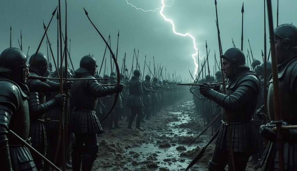 A cinematic and dark portrayal of the Battle of Agincourt, capturing the grim intensity of the conflict. The scene depicts a rain-soaked battlefield, with English and French soldiers locked in fierce combat amidst a muddy quagmire. English archers, their faces etched with determination, release a deadly volley of arrows from behind makeshift defenses. French knights, encased in glistening armor, struggle through the thick, churned mud, their faces strained with the effort. The dark, overcast sky is punctuated by flashes of lightning, casting an eerie glow over the chaotic clash. The image reflects the harsh realities and epic scale of the battle, highlighting the contrasting strategies and the brutal nature of medieval warfare., Surrealism, Hyperrealism, UHD, retina, masterpiece, accurate, anatomically correct, textured skin, super detail, 16k