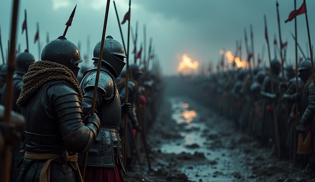 A cinematic and dark portrayal of the Battle of Agincourt, capturing the grim intensity of the conflict. The scene depicts a rain-soaked battlefield, with English and French soldiers locked in fierce combat amidst a muddy quagmire. English archers, their faces etched with determination, release a deadly volley of arrows from behind makeshift defenses. French knights, encased in glistening armor, struggle through the thick, churned mud, their faces strained with the effort. The dark, overcast sky is punctuated by flashes of lightning, casting an eerie glow over the chaotic clash. The image reflects the harsh realities and epic scale of the battle, highlighting the contrasting strategies and the brutal nature of medieval warfare., Surrealism, Hyperrealism, UHD, retina, masterpiece, accurate, anatomically correct, textured skin, super detail, 16k