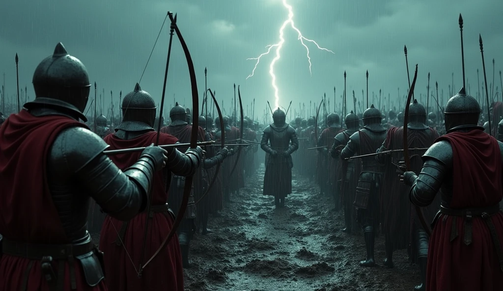 A cinematic and dark portrayal of the Battle of Agincourt, capturing the grim intensity of the conflict. The scene depicts a rain-soaked battlefield, with English and French soldiers locked in fierce combat amidst a muddy quagmire. English archers, their faces etched with determination, release a deadly volley of arrows from behind makeshift defenses. French knights, encased in glistening armor, struggle through the thick, churned mud, their faces strained with the effort. The dark, overcast sky is punctuated by flashes of lightning, casting an eerie glow over the chaotic clash. The image reflects the harsh realities and epic scale of the battle, highlighting the contrasting strategies and the brutal nature of medieval warfare., Surrealism, Hyperrealism, UHD, retina, masterpiece, accurate, anatomically correct, textured skin, super detail, 16k