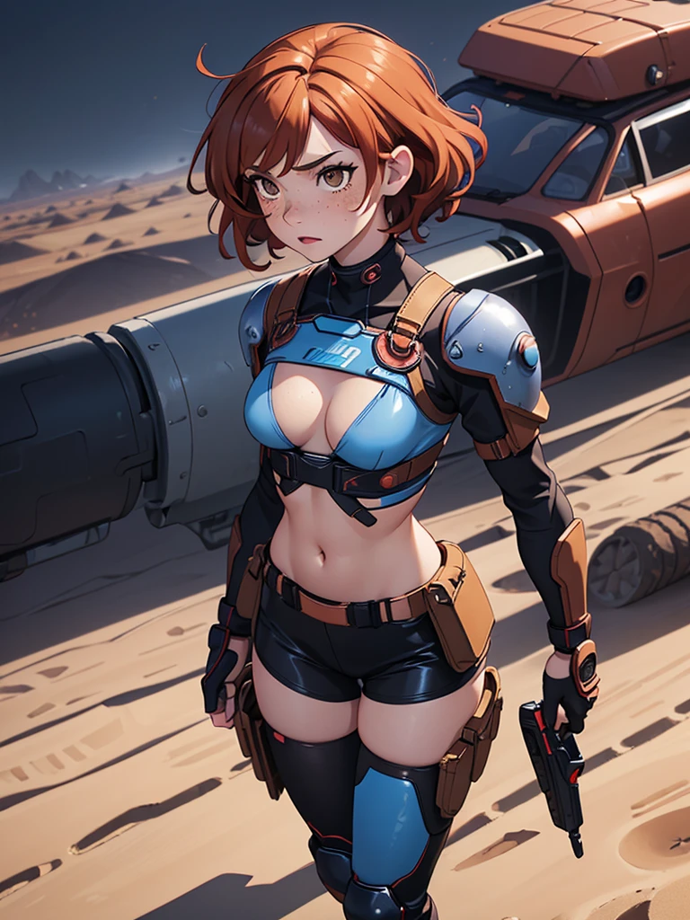 (masterpiece), (best quality), ((one girl)),alone, red copper hair,((brown eyes)),short curly hair, anime style, freckles, (small breast) (petite figure), blue and black cyberpunk outfit, leggings, knee pads, battle outfit, legs((desert background))