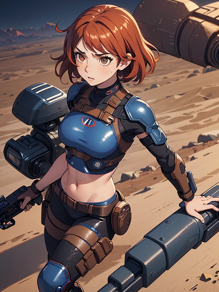 (masterpiece), (best quality), ((one girl)),alone, red copper hair,((brown eyes)),short curly hair, anime style, freckles, (small breast) (petite figure), blue and black cyberpunk outfit, leggings, knee pads, battle outfit, legs((desert background))