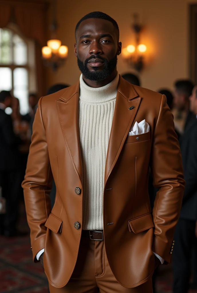 Strong forty year old black man, very elegant and sophisticated, with a goatee, knitted shirt with round neck, white, genuine leather blazer jacket, Italian cut in coffee and sand colors, with large diamond buttons.
On the bottom of the jacket lapel it says DL Italian loafer shoes The model is in a jockey club
