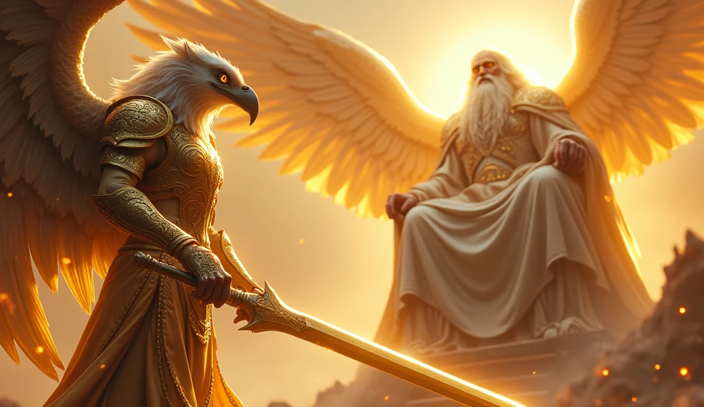 Make an angel with eagle face with gold armor and holy sword, looking up on a beautiful super vast and gigantic God with firery eye, white long hair, white beard, Gold and white rob, seated on His thrown with firery light around him and his thrown, UHD masterpiece, realistic, 32K, 5D, Style Raw.