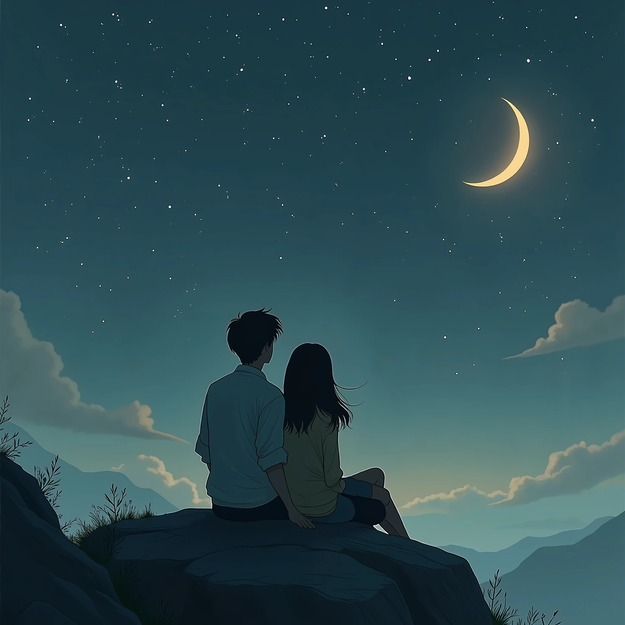 An animation of a man and a girl sitting on a rock looking at the crescent moon and stars without their faces being seen 