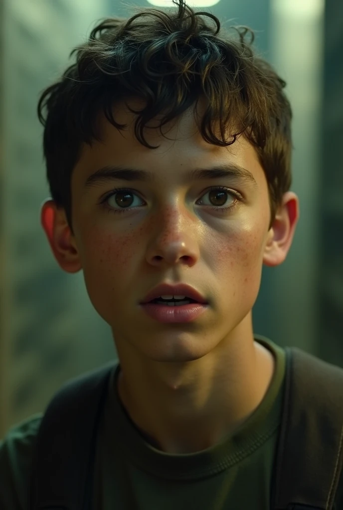 The Maze Runner screenshot wide shot, thomas, a youthful face with a well-defined facial structure. His face is oval in shape, with a strong but gently rounded jaw. His eyebrows are thick and slightly arched., framing her eyes in a pronounced manner. The eyes are large and expressive, dark brown, with somewhat dense eyelashes. His nose is straight and of medium size., well proportioned in the center of her face. The lips are of medium thickness, with an upper lip that has a defined Cupid's bow, while the lower lip is fuller. Her hair is dark brown, often styled in a short, slightly tousled cut, although in some roles it takes longer. The skin on his face is light, with a tone that has a slight warm undertone. His beard is light and sometimes has a hint of stubble., which gives it a slightly rougher look.