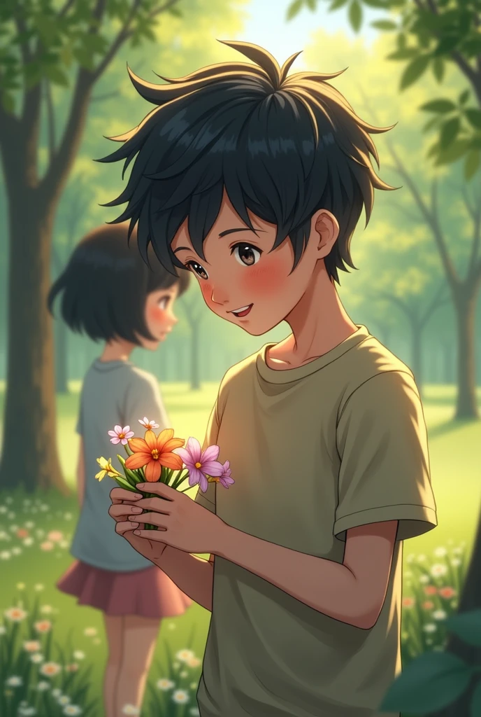  boy with happy expression of black hair with flowers in his hand in front of a short black haired girl with a sad expression in the background of a park 