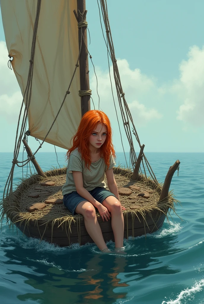 Teenager 15 , small face ,long red hair,old and dirty torn clothes ,at sea, wood and straw raft, cafe canvas sail ,shipwrecked. sadness on his face