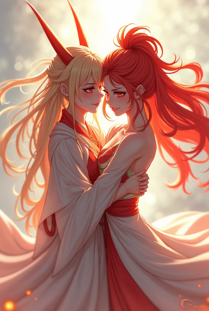 Demon Slayer, Female gender, by white, Red eyes, beautiful face, a small mole on the right cheek, smiling and hugging the flame pillar rengoku kyojuro