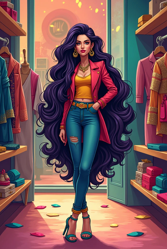 Long haired woman in flashy and stylish clothes in cartoon style posing facing front inside a boutique with flashy clothes and accessories