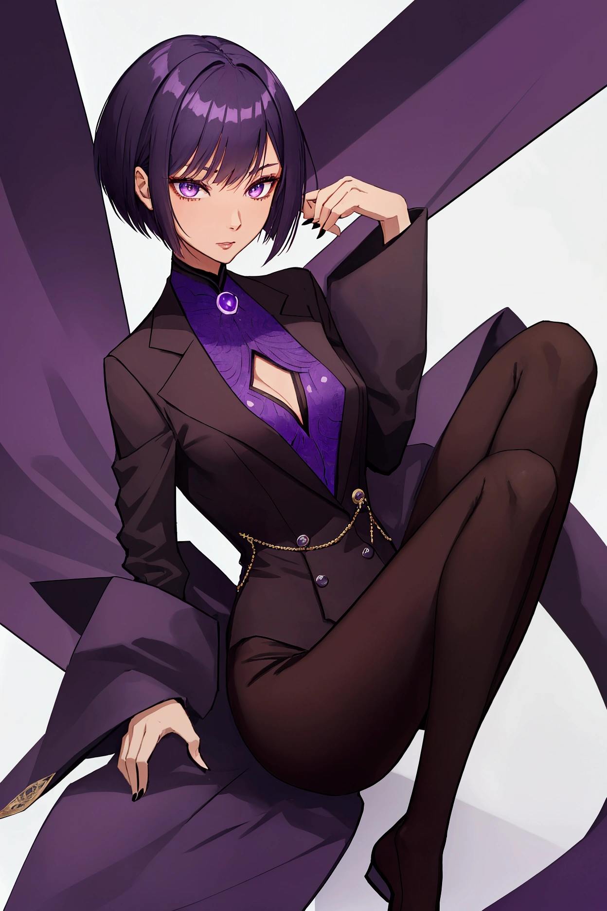 Niwa is a tall women dressed in a black business suit with Light brown skin, fox like eyes, purple irises, Dark purple bob haircut, is flat chested and has an Asian descent look.