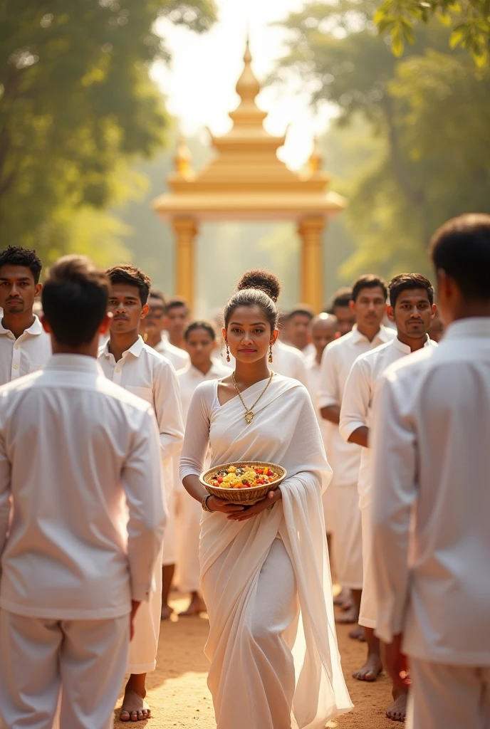 i should generate vesak festival function image on sri lanka country institute here all are wearing the white color dresses only like wise saree , shirt skirt and must want the some vesak nest also no need to generate the temple or higher building