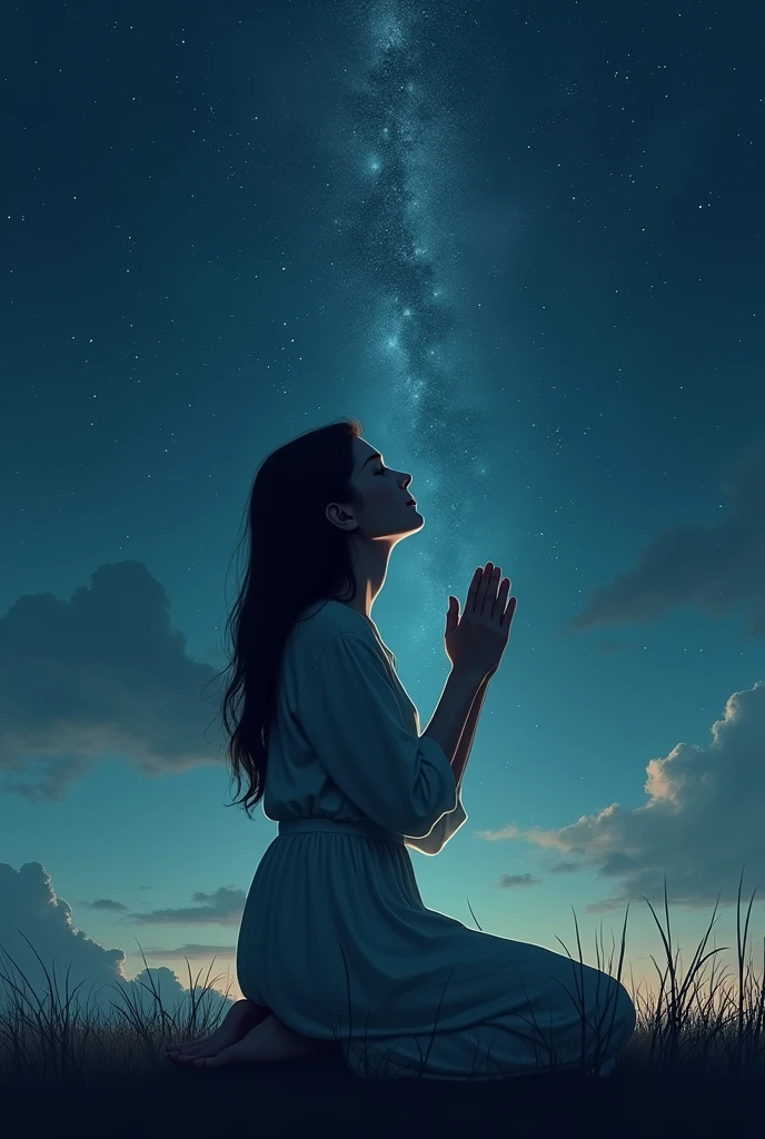 Drawing of a Christian woman kneeling looking at the sky and talking to God and that moment is at night