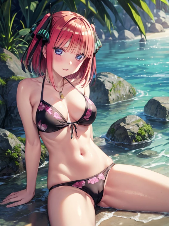 best quality, insanely detailed, nino nakano, short hair, breasts, blush, seaside background, looking at viewer, cheerful eyes, arousal, bikini tops, short Underwear, tankini, full body, spread legs