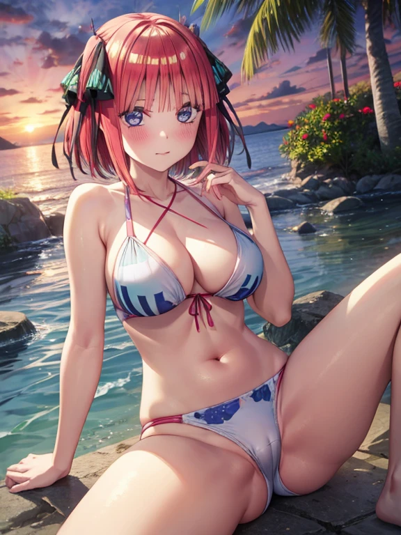 best quality, insanely detailed, nino nakano, short hair, breasts, blush, seaside background, looking at viewer, cheerful eyes, arousal, bikini tops, short Underwear, tankini, full body, spread legs