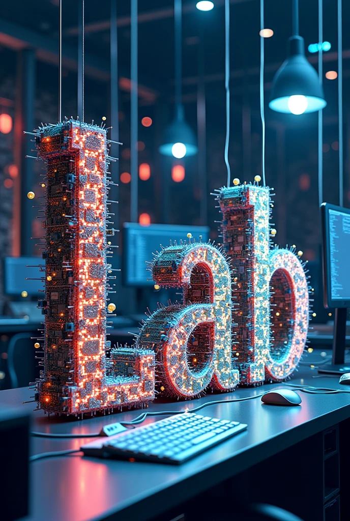 Illustrate the words "Computer Lab" and have each letter completely filled with an object from the field of computer science.