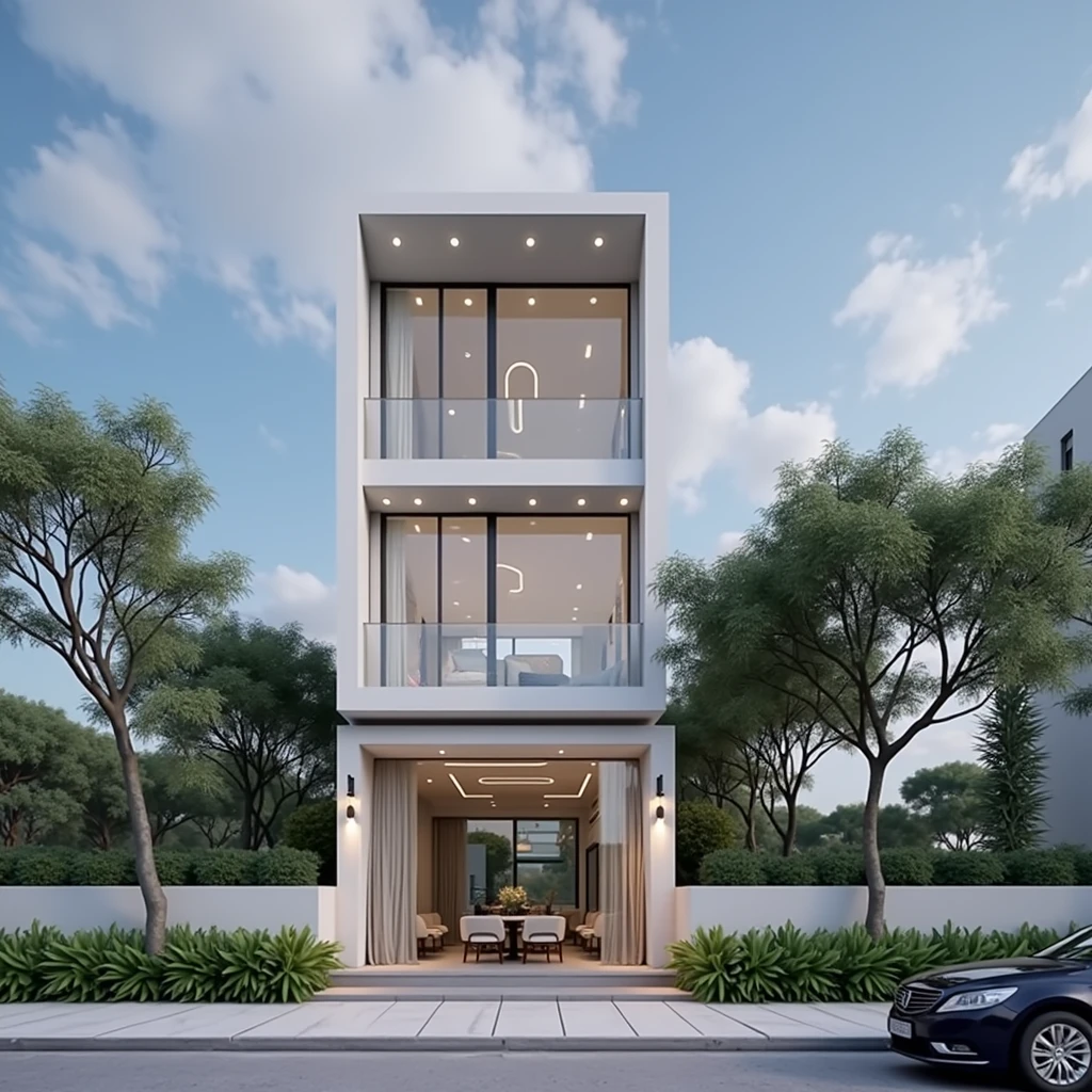 masterpiece, (photorealistic:1.2), best quality, ultra high res, exterior,architechture,modern house,white wall, glass windows,,trees,traffic road,design,trees around, blue sky,in the style of realistic hyper-detailed rendering, 32k uhd, low-angle, composite construction, piles/stacks, innovative page design, daylight,render( Vray:1.1)