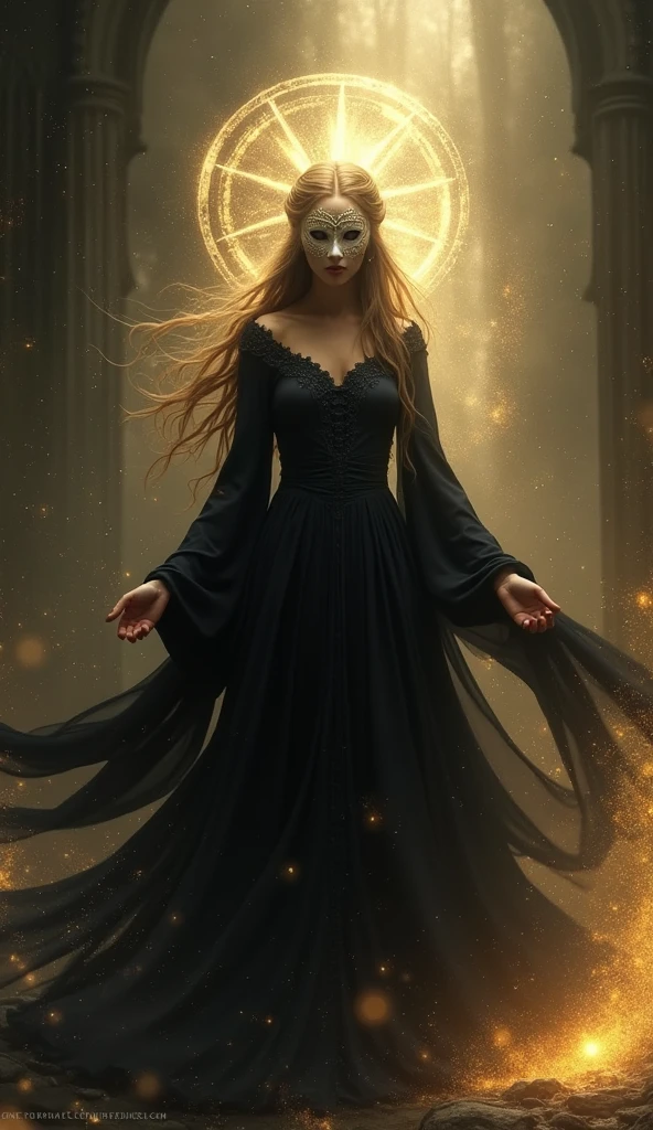 A (celestial being) emerges from the shadows, her majestic form draped in (dark robes) while her feminine face is concealed in an intricate (white mask). Each movement of her (delicate arms) releases a (golden aura).
