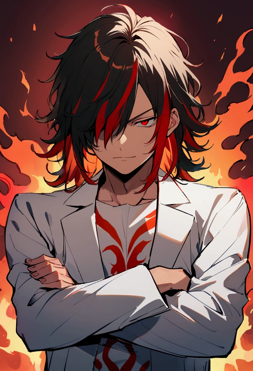 boy, tidy hair, medium length hair, multicolored black and red hair, long bangs covering the left eye, Eyes red, serious face, simple smile, white shirt, school blue jacket, red tattoos on the body, fiery aura, crossed arms.