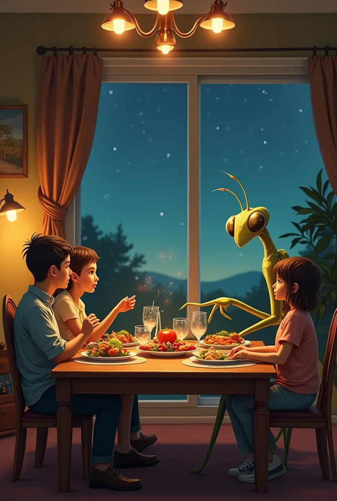 Family together having dinner in the living room and at the window Humanoid extraterrestrial praying mantis