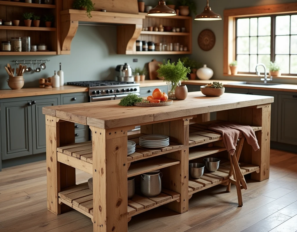 Visualize a functional kitchen island made from pallets, with a countertop for cooking and seating. Include shelves for storage and hooks for hanging utensils, making it both stylish and practical.