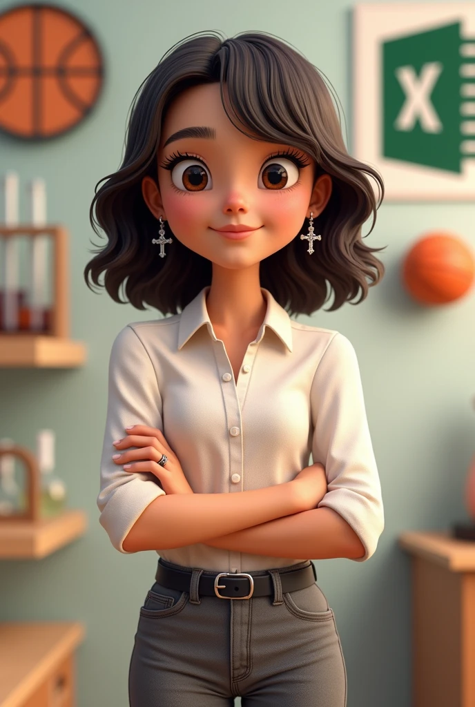  teenager, with dark brown hair, dark brown eyes, wavy hair somewhat curly, Shoulder-length hair cut in layers, parted almost in the middle but not completely in the middle, somewhat disheveled, without bangs but with strands around the face, not so skinny, White skin, 1.65cm tall, not so skinny pero tampoco gorda, somewhat round face, small nose and mouth, eyes not a little Chinese but big. Include in the background something related to excel the logo, basketball, programming, test tubes or a periodic table of chemistry, and win medals or competitions. cheered up. CLOTHES: grey formal dress pants, button down dress blouse, black belt, Small hoop earrings with a silver-plated hanging cross and silver-plated rings. that looks young, study high school. not anime style. Make it animated something 3D. Strike a more casual pose. Keep what I asked for in the background. Smile without showing teeth. not so thin. More disheveled, a more adolescent air. Eyes not so far apart, a little more disheveled. simple smile, front view.