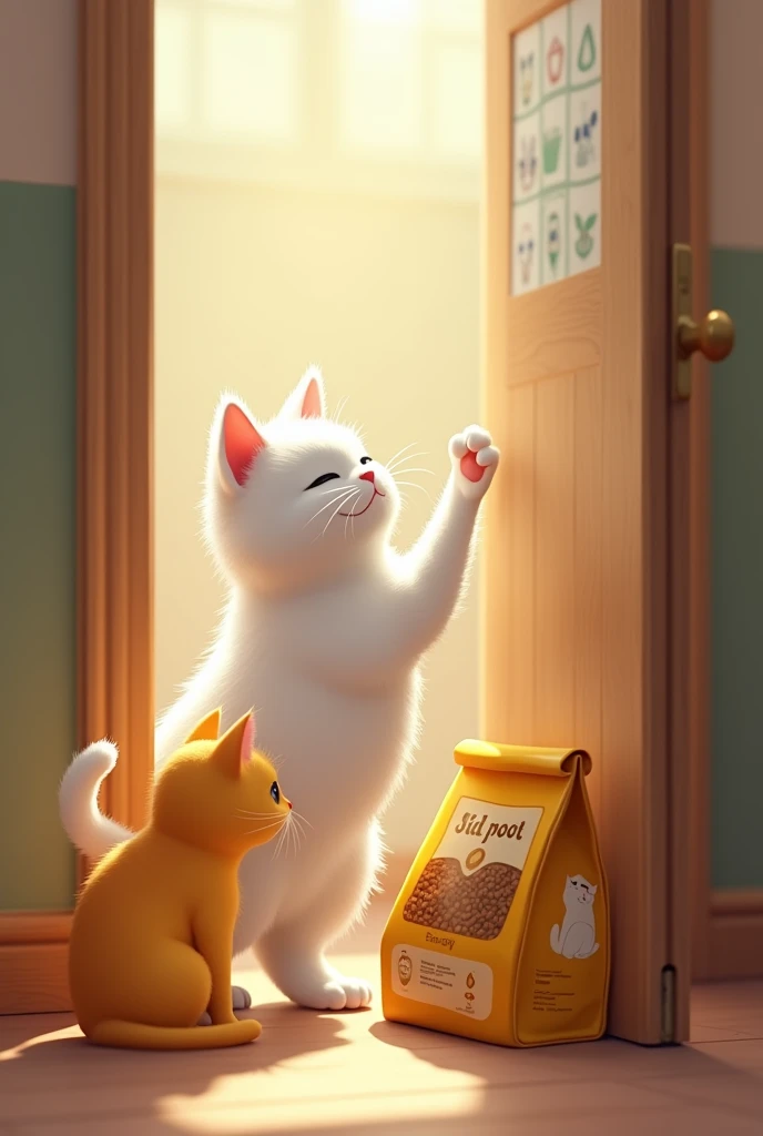 White cat knocks on door next to a yellow cat, There are two bags of cat food on the floor