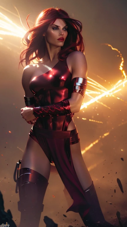 high quality, 8k, photorealistic, masterpiece, detailed rendering, highly detailed, cinematic lighting, extreme erotic pose, beautiful woman, Elektra, red hair, piercing green eyes, full red lips, flawless skin, shiny metallic armor, sensual expression, powerful stance, dramatic shadows, vibrant colors, dark moody atmosphere