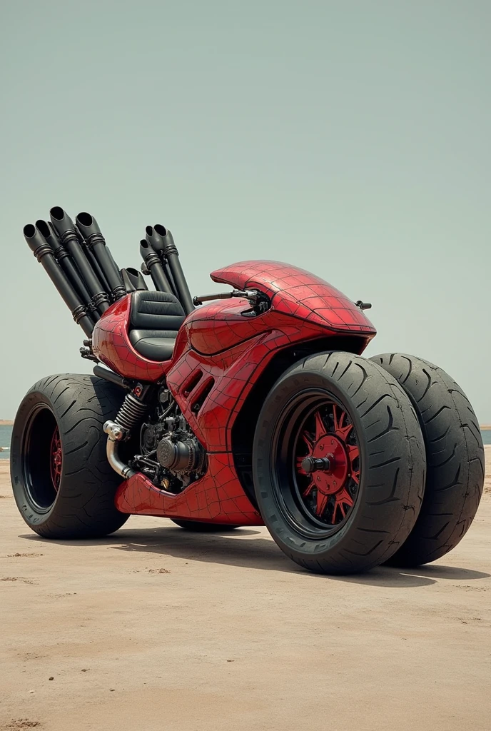 A bike with big wheels in a tiles finish and blood colour with 1000 cc 8 silencers with a bed and chair