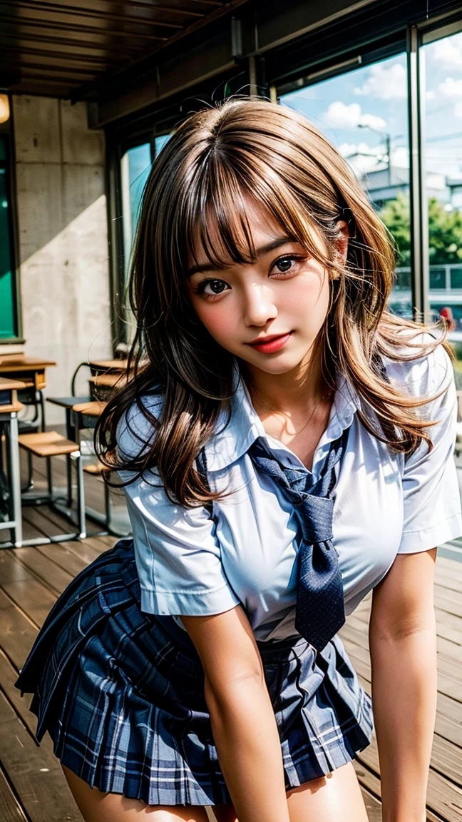 Browsing Caution, ((masterpiece)), ((Highest quality)), (Very detailedな), ((cute)), cute, (Multi-point), ((sexy)), (device), ((Very detailed)), 4K, (8k), Highest quality, (beautiful), hyper cute face, shape, Anime Style,hyper Genuineistic, Genuine, Dynamic Angle, ((whole body)), close, Thick outline, Clear contours, at school, (Three Girls, 3 cute girls:1.5), (Schoolgirl Uniform :1.5), beautiful light brown hair, beautiful brown eyes, ((beautiful eyes)), (Leaning forward:1.5), (Under the skirt:1.5), short hair, Big Breasts, smile
